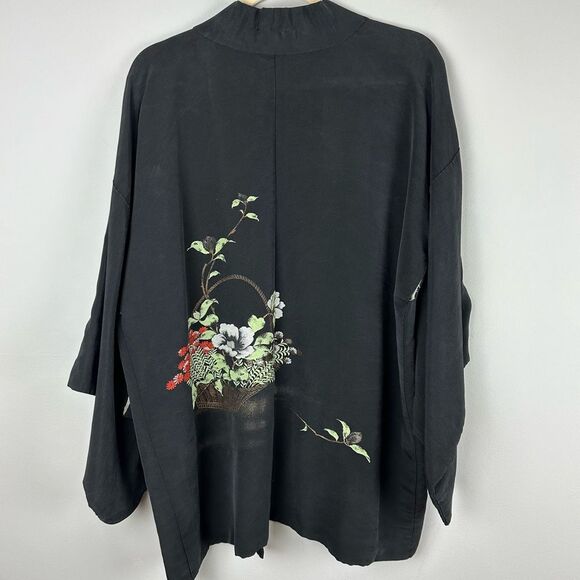 Vintage Japanese Black Haori Jacket Silk Kimono with Floral Embroidery - Picture 3 of 5